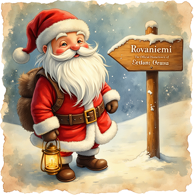 Der Weihnachtsmann steht in einer verschneiten Landschaft neben einem hölzernen Wegweiser mit der Aufschrift "Rovaniemi". Er trägt einen Geschenkesack auf dem Rücken und hält eine leuchtende Laterne in der Hand.