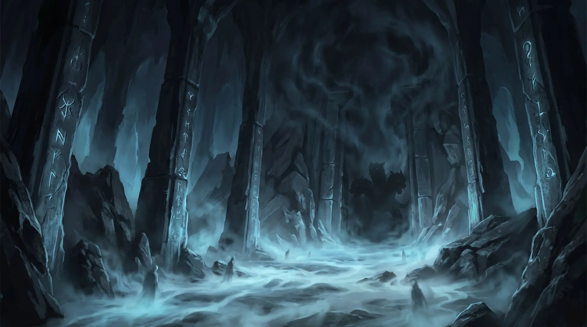 Geisterhafte Seelen durchschreiten das Tor des Erebos, im Nebel bewacht vom dreiköpfigen Kerberos.
