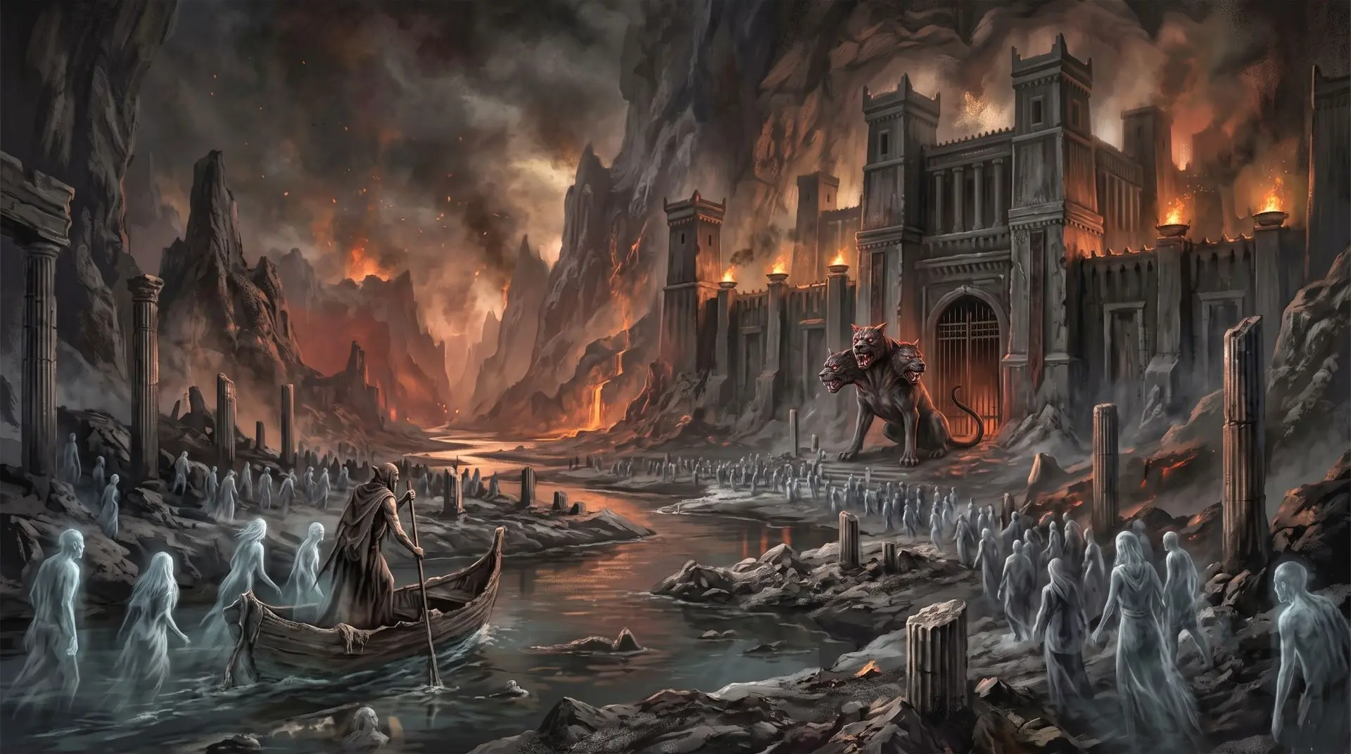 Charon fährt Seelen über den Styx ins Hades Totenreich, das von Kerberos bewacht wird.