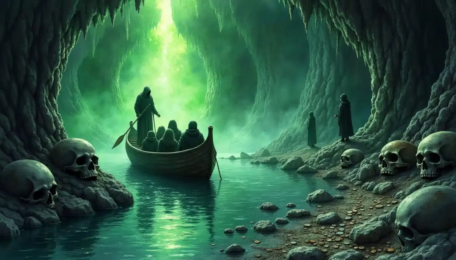 Ein Boot mit den Fährmann Chiron und verhüllten Gestalten fährt über den schwarzen Fluss Styx, erhellt von magischem Licht, im Hades. Am Ufer liegen große Totenschädel.