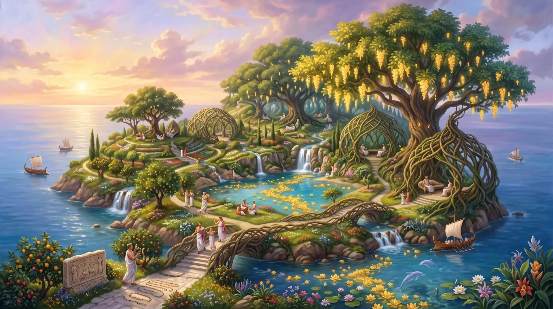 Auf der Insel der Seligen wandeln antike Seelen unter Bäumen mit leuchtend goldenen Blumen.