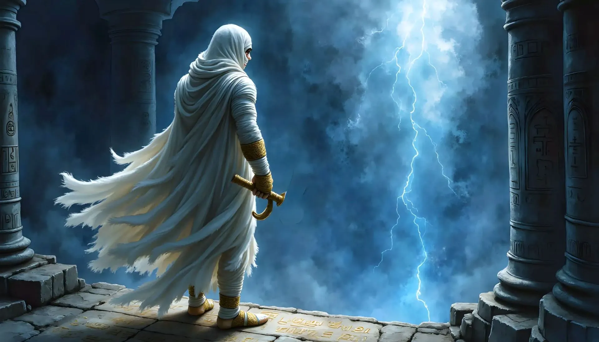 Der in Leinen gehüllte ägyptische Gott Osiris steht an einem Abgrund und blickt in die dunkle Unterwelt