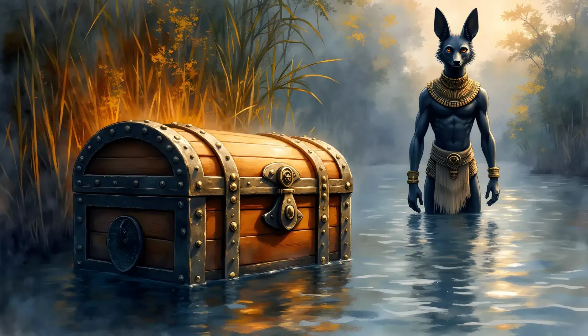 Eine schwer verzierte Holztruhe sinkt in die dunklen Fluten des Nils, während der Schatten des Schakalgottes Anubis am Schilfufer wacht.