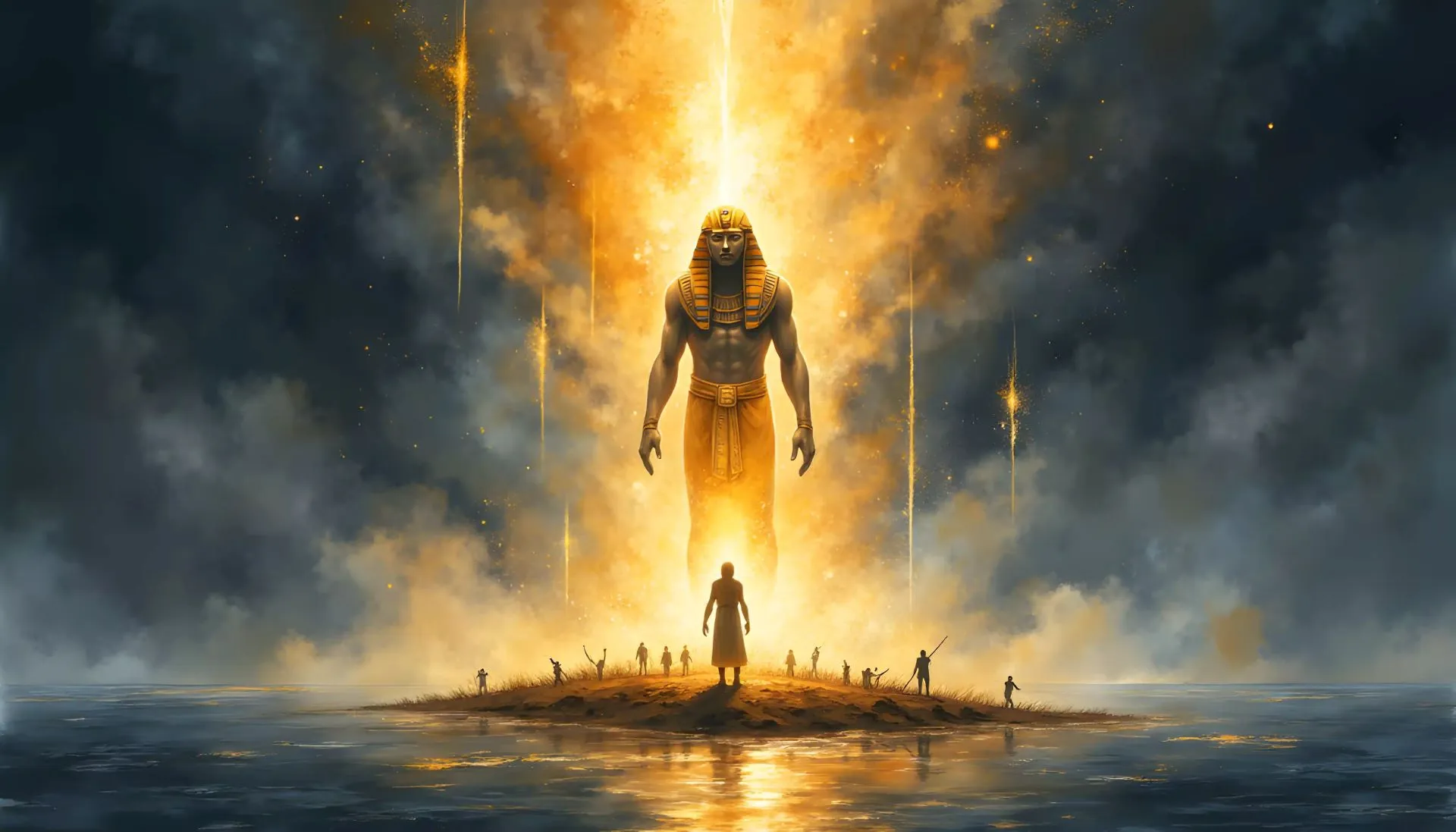 Der ägyptische Sonnengott Re erhebt sich leuchtend aus einem schwarzen Urgewässer und weint Tränen, aus denen Menschen wachsen.