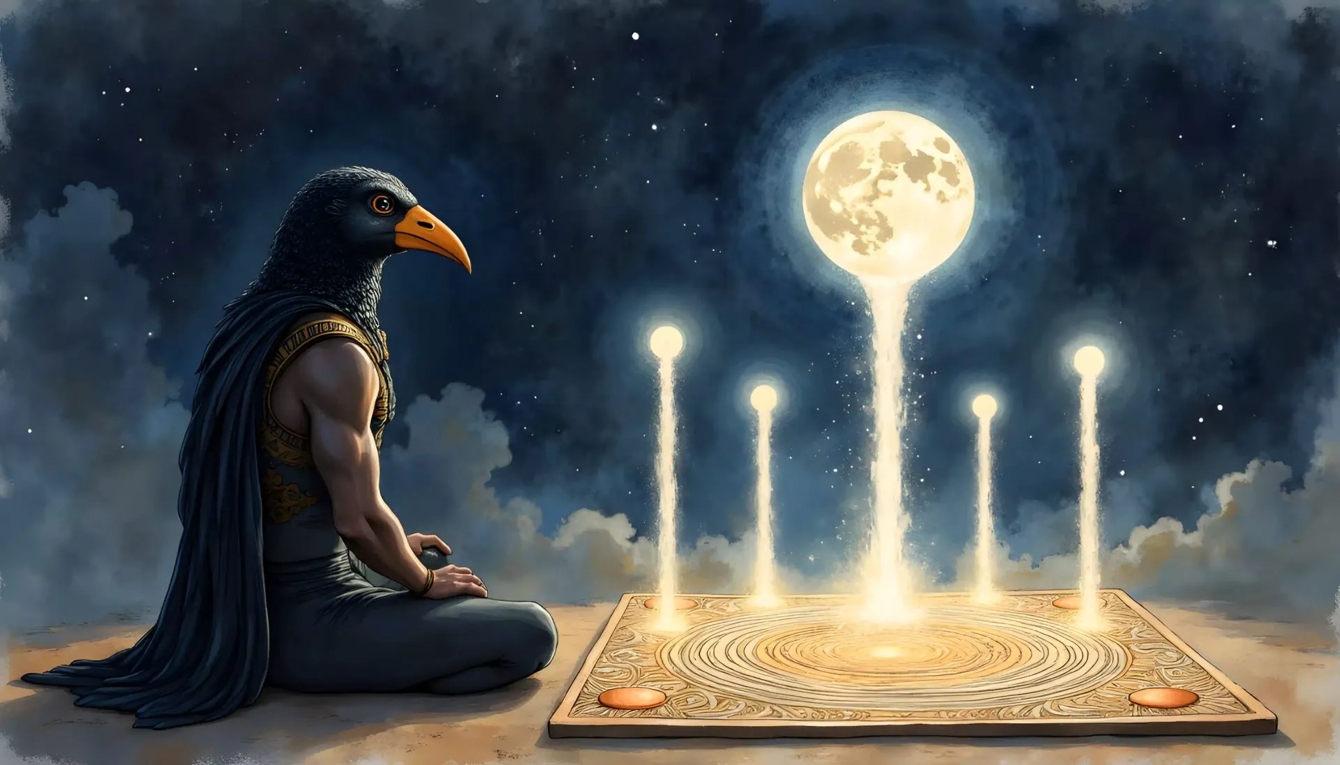 Der ägyptische Gott Thot mit einem Ibiskopf spielt ein magisches Brettspiel gegen das Mondlicht, aus dem fünf leuchtende Säulen in den Nachthimmel aufsteigen.