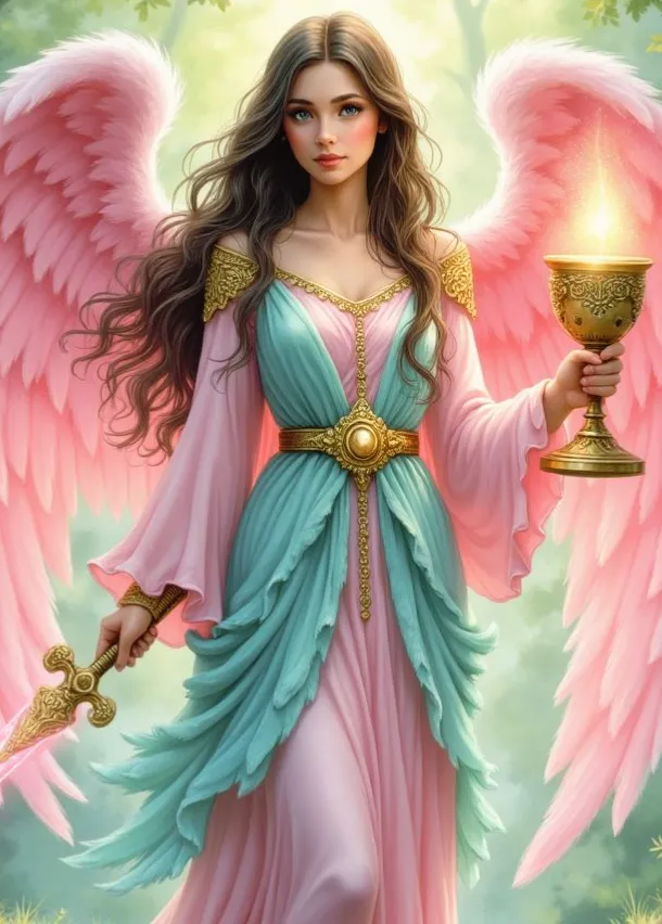 Engel Chamuel als anmutige Frau mit langen, braunen Haaren und leuchtend rosa Flügeln. Sie trägt ein rosa-türkisfarbenes Gewand mit goldenen Verzierungen und hält in der einen Hand einen leuchtenden goldenen Kelch und in der anderen ein verziertes Goldsch