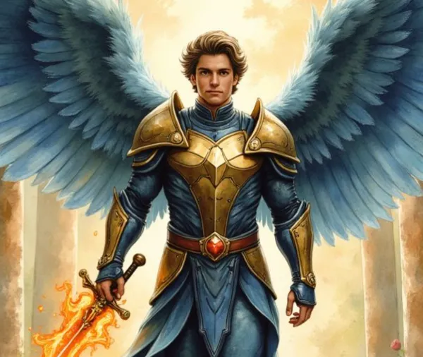 Ein Cherubim Engel als entschlossener, junger Mann mit großen, blauen Flügeln und gold-blauer Rüstung. In seiner Hand hält er ein imposantes, flammendes Schwert, bereit, das Göttliche zu verteidigen.