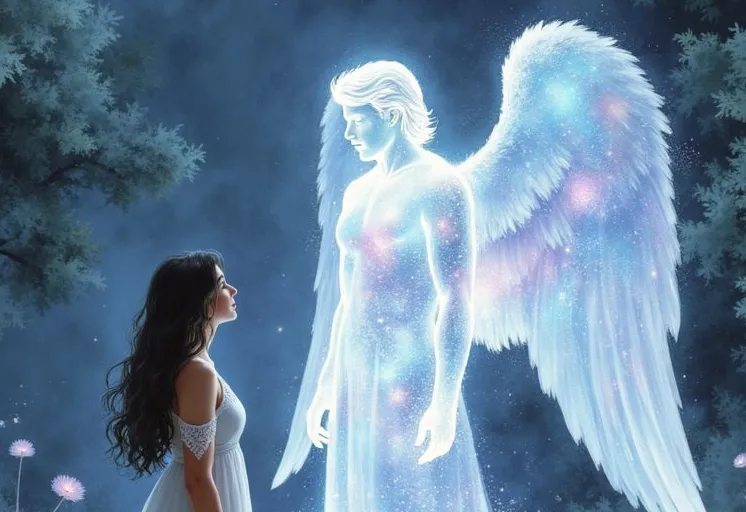 Ein leuchtender Erzengel aus purem Licht und Sternenstaub mit gewaltigen Flügeln erscheint einer ehrfürchtigen Frau in einem nächtlichen Wald.