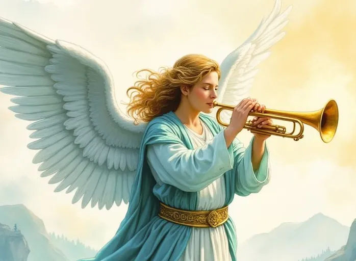 Erzengel Gabriel mit langen, blonden Haaren und prächtigen weißen Flügeln, wie er in seine goldene Trompete bläst. Er trägt ein weiß-blaues Gewand und verkündet eine Botschaft vor einem himmlischen Hintergrund.