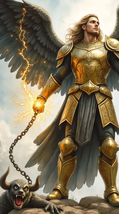 Ein Gewalten Engel als kraftvoller Krieger in goldener Rüstung und mit dunklen Flügeln, der einen Dämon an einer leuchtenden Kette gefangen hält. Blitze zucken aus seiner Faust, während er das Böse bezwingt.