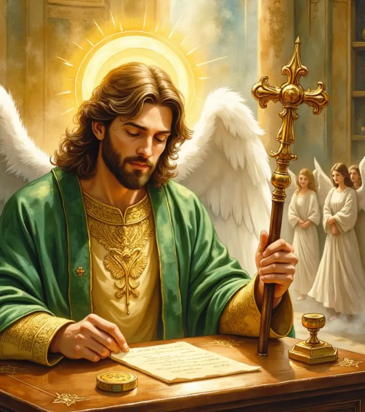 Ein Herrschaften Engel mit Heiligenschein und weißen Flügeln sitzt an einem Tisch und schreibt auf eine Schriftrolle. Er trägt ein grünes Gewand, hält ein goldenes Zepter und im Hintergrund stehen weitere Engel.
