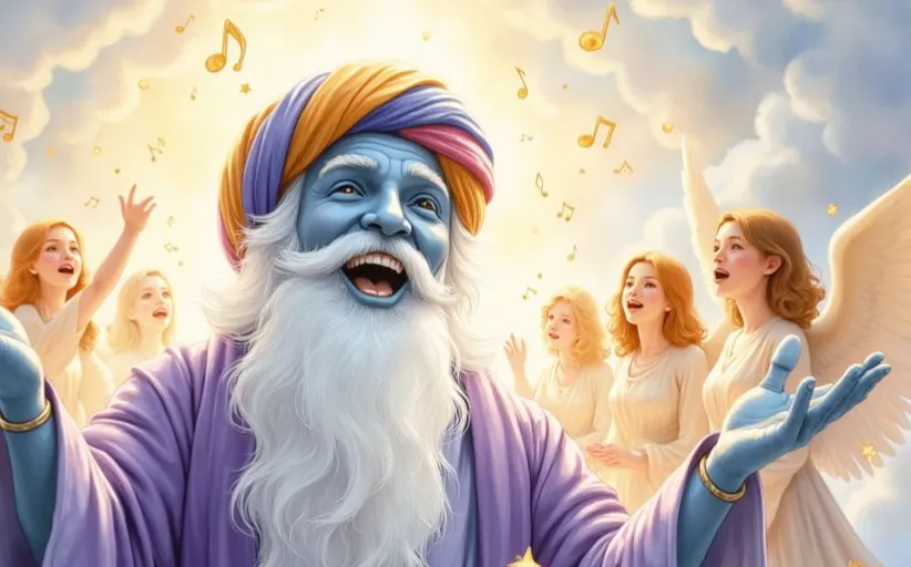 Der Engel Jehoel als fröhlicher, blauhäutiger Mann mit langem weißen Bart und buntem Turban, der einen Chor von Engeln dirigiert. Um ihn herum schweben goldene Musiknoten vor einem leuchtenden Himmel.