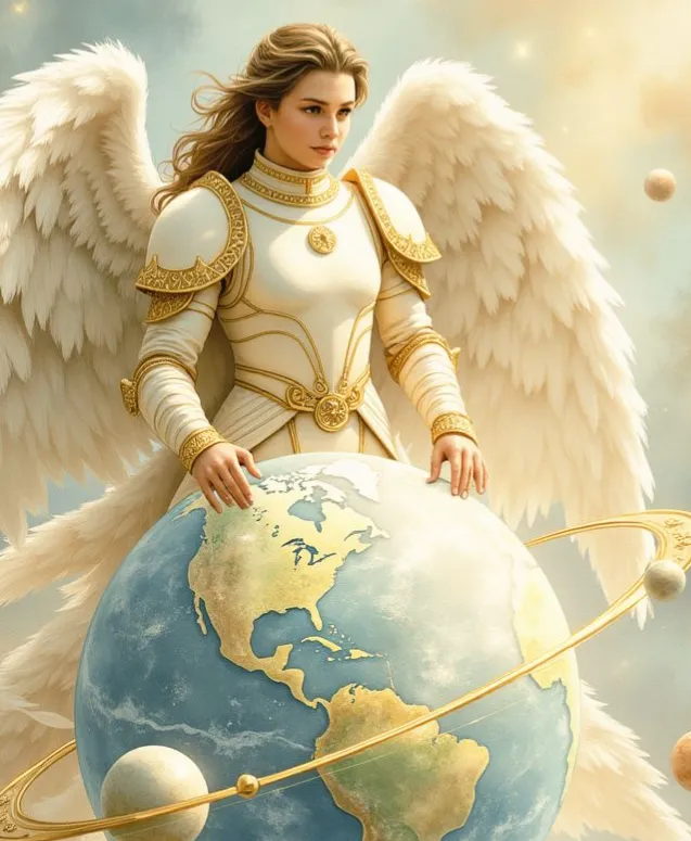 Ein Mächte Engel in strahlend weiß-goldener Rüstung und mit mächtigen, weißen Flügeln, der seine Hände schützend auf einen Globus der Erde legt. Um den Planeten kreisen goldene Ringe und kleine Monde.