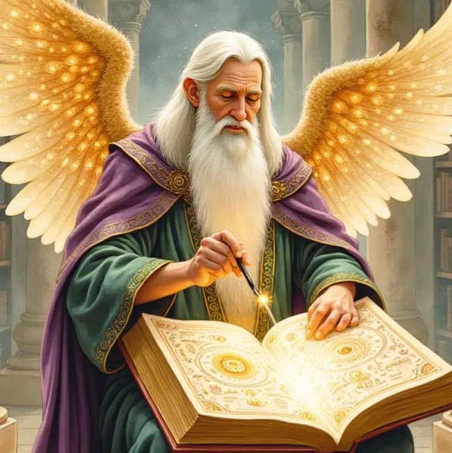 Engel Metatron als weiser, alter Mann mit langem weißen Bart und leuchtend goldenen Flügeln. Er sitzt vor einem aufgeschlagenen, magischen Buch und schreibt mit einem leuchtenden Stab himmlische Geheimnisse nieder.
