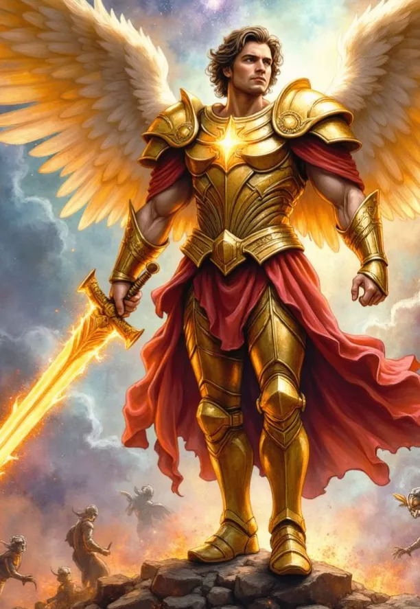 Erzengel Michael in strahlender Goldrüstung mit einem flammenden Schwert in der Hand. Er steht mit seinen gewaltigen, leuchtenden Flügeln auf einem Felsen über einem Schlachtfeld und führt die himmlischen Heere zum Sieg.