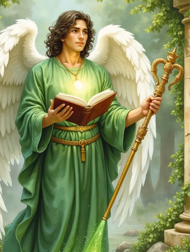 Erzengel Raphael in einem grünen Gewand mit großen, weißen Flügeln. Er hält einen goldenen Heilstab, der den Boden mit grünem Licht berührt, und ein aufgeschlagenes, leuchtendes Buch in seinen Händen.