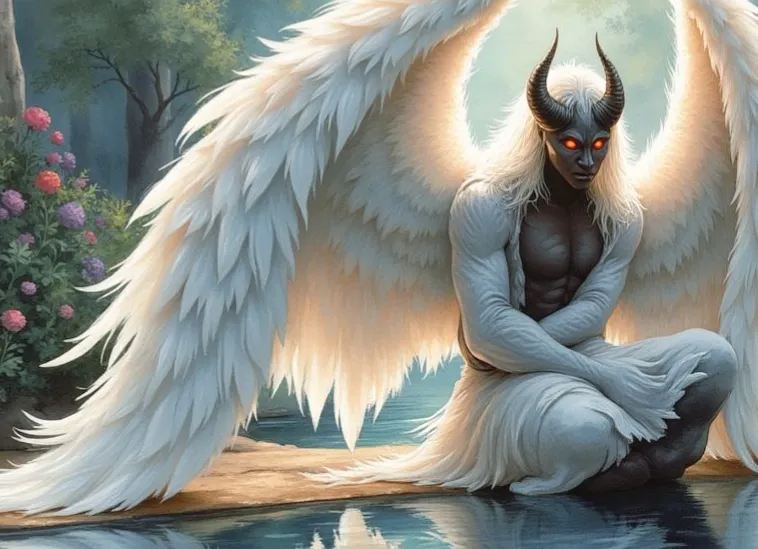 Engel Samael kauert am Rande eines Gewässers, sein Körper dunkel und muskulös, mit schwarzen Hörnern und glühenden roten Augen. Im Kontrast dazu stehen seine gewaltigen, leuchtend weißen Engelsflügel.