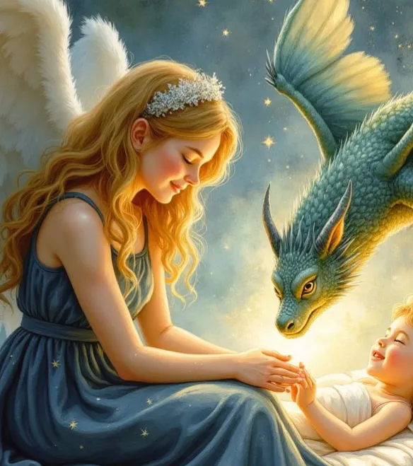 Ein liebevoller Schutzengel mit blonden Haaren und weißen Flügeln wacht über ein lächelndes Baby. Ein kleiner, freundlicher Drache gesellt sich zu ihnen unter einem funkelnden Sternenhimmel.