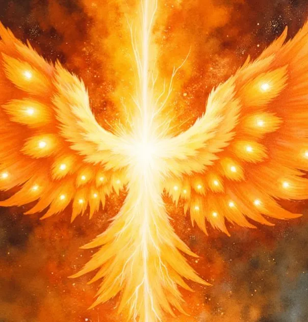 Ein Seraphim Engel als abstraktes Wesen aus reinem, loderndem Feuer und Licht. Seine mehrfachen Flügel sind in leuchtenden Orange- und Gelbtönen gehalten und von gleißenden Lichtkugeln durchsetzt.