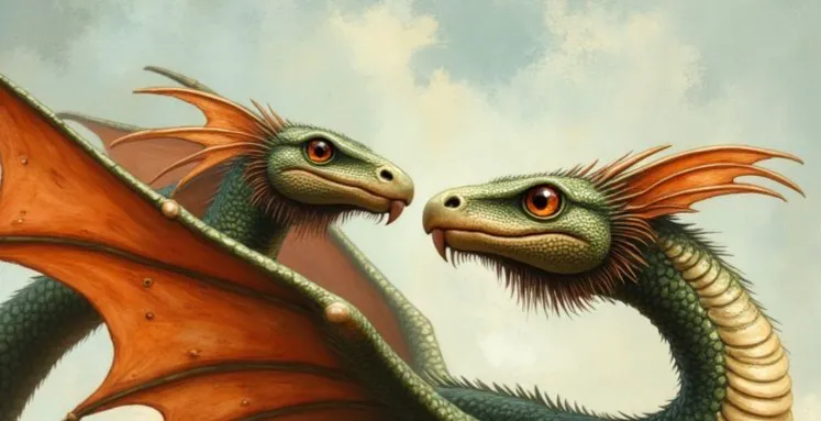 Amphisbaena mit zwei grünen Drachenköpfen, die sich ansehen, orangefarbenen Augen und schuppiger Haut vor einem bewölkten Himmel