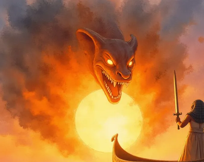 Die monströse Chaos-Schlange Apophis erscheint in feurigen Wolken vor der Sonne und wird von einer ägyptischen Gestalt mit einem Schwert bekämpft
