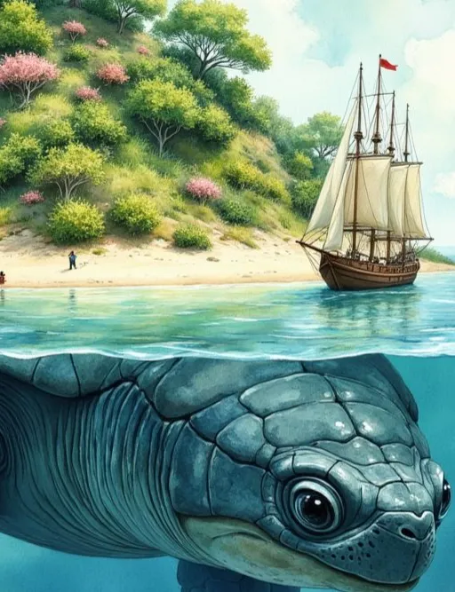 Aspidochelone, die riesige Schildkröteninsel, unter dessen bewachsenem Rücken ihr gewaltiger Kopf im Ozean schwimmt, während ein Segelschiff am Ufer ankert