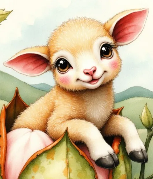 Barometz, das niedliche Pflanzenlamm mit flauschigem, hellem Fell und großen Kulleraugen, das lächelnd aus einer grünen Pflanzenkapsel schaut