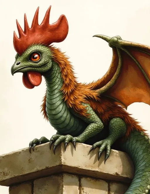 Basilisk mit grünem Schuppenkörper, einem roten Hahnenkamm, orangefarbenen Augen und ledrigen Flügeln, der auf einer Steinkante sitzt