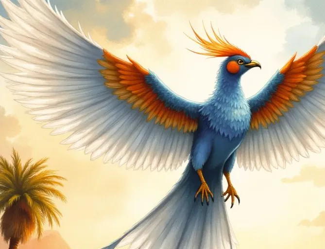 Benu, der heilige Vogel mit blauem Körper, weiß-orangen Flügeln und einer feurigen Krone, der majestätisch am Himmel fliegt