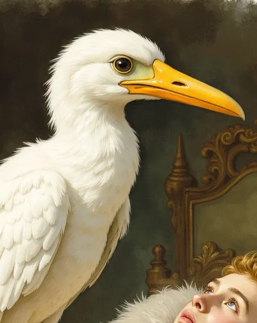 Caladrius, ein reinweißer Vogel mit gelbem Schnabel und wachsamen Augen, der am Kopfende eines Bettes über einen Menschen wacht