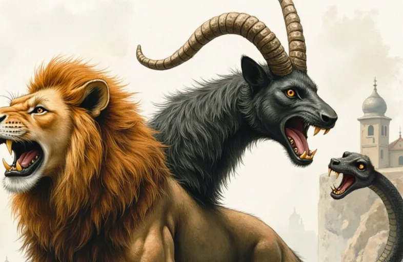 Chimäre, ein monströses Wesen mit dem brüllenden Kopf eines Löwen, einem Ziegenkopf mit Hörnern auf dem Rücken und einem Schlangenschwanz