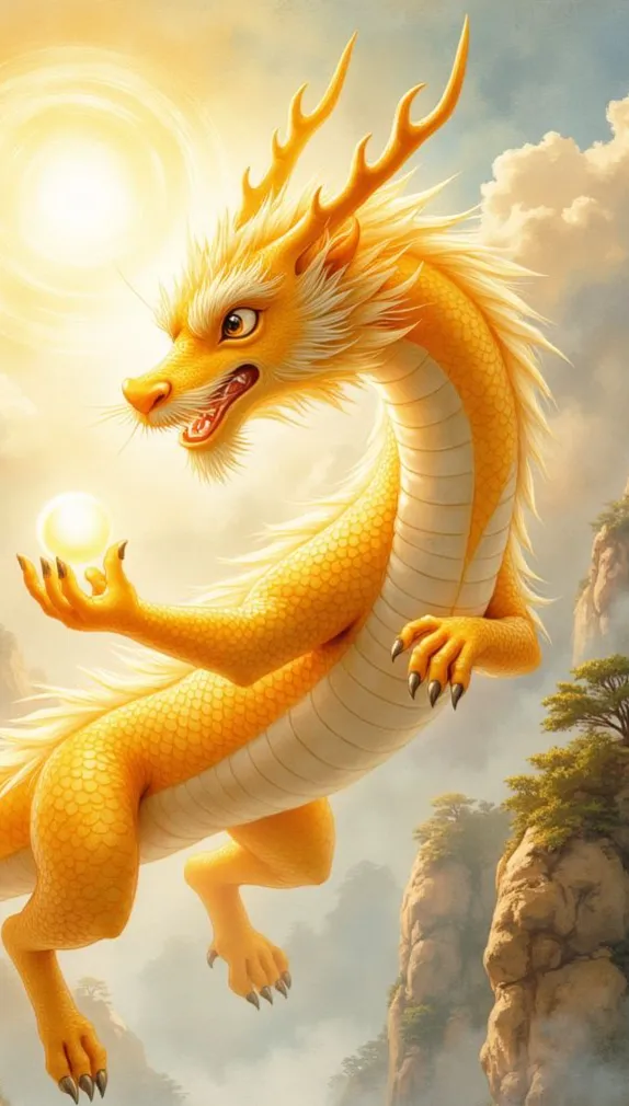 Chinesischer Drache ShenLóng als goldener, schlangenartiger Drache mit Hörnern, der in den Wolken schwebt und eine leuchtende Kugel in seiner Klaue hält