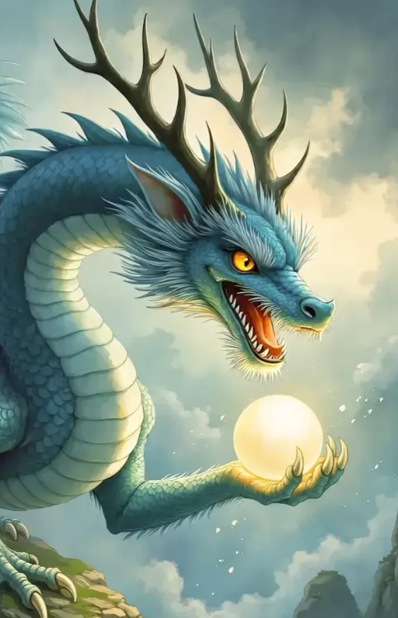 Chinesischer Drache ShenLóng als blauer, schlangenartiger Drache mit Hörnern, der in den Wolken schwebt und eine leuchtende Kugel in seiner Klaue hält