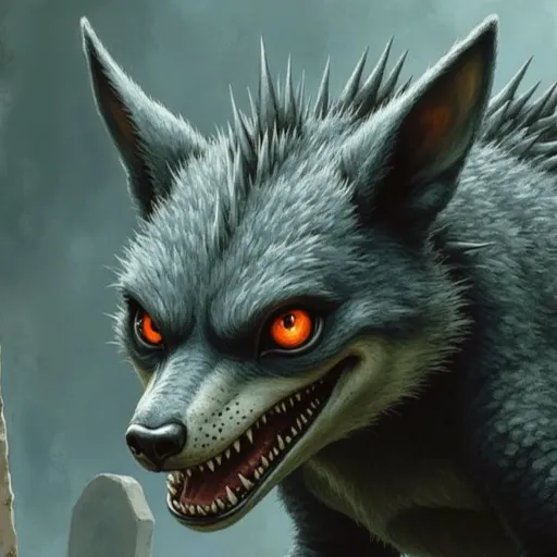 Crocotta als hyänenähnliches Ungeheuer mit grauem, stacheligem Fell, glühend roten Augen und einem bösartigen Grinsen voller spitzer Zähne