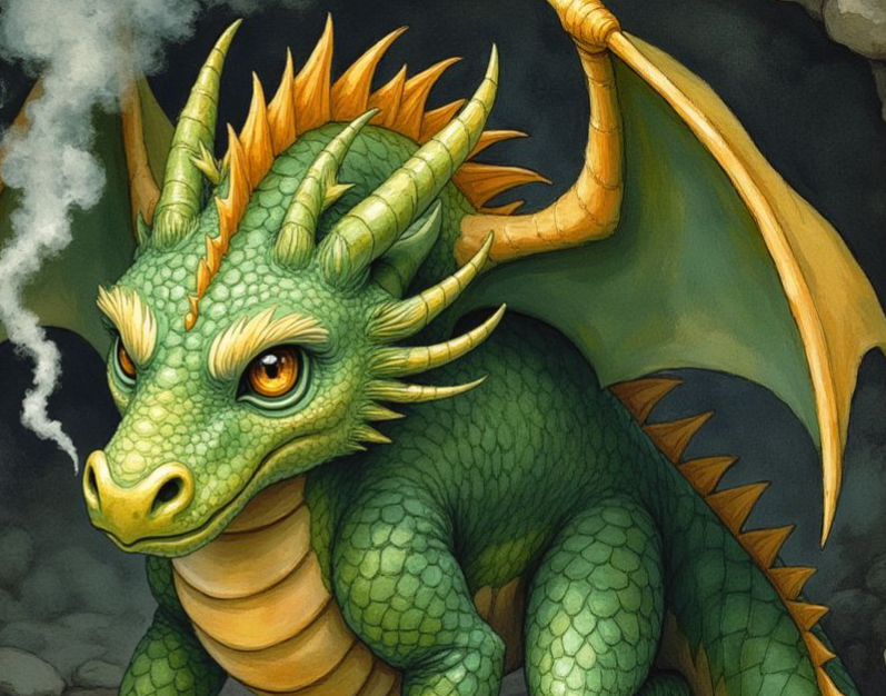 Drache mit grünen Schuppen, goldenen Hörnern und Flügeln, der in seiner Höhle sitzt und Rauch aus der Nase bläst