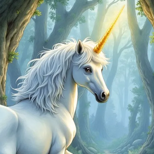 Einhorn als anmutiges, weißes Pferd mit einem leuchtenden, goldenen Horn auf der Stirn, das in einem nebligen Zauberwald steht