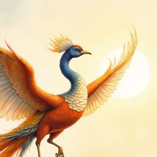 Fenghuang, der chinesische Phoenix, als anmutiger Vogel mit blauem Hals, orangefarbenem Gefieder und einer goldenen Krone, der seine Flügel vor der Sonne ausbreitet