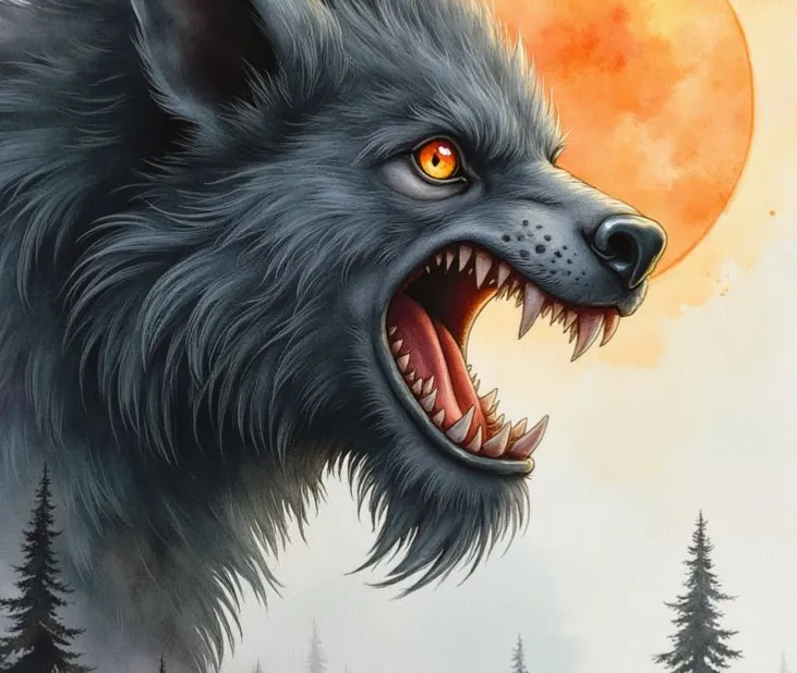 Fenrir als riesiger, dunkler Wolf mit zornig glühenden Augen, der sein Maul mit spitzen Reißzähnen vor einem orangeroten Mond aufreißt