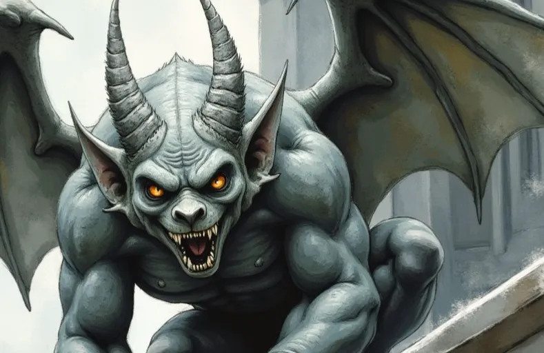 Gargoyle als muskulöse, steinerne Kreatur mit Hörnern, Fledermausflügeln und glühenden Augen, der auf einer Gebäudekante kauert