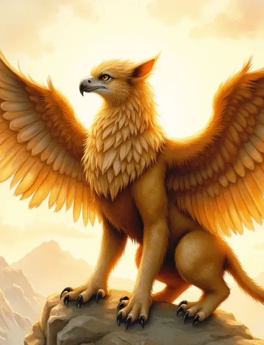 Greif als majestätisches Fabelwesen mit dem Körper eines Löwen und dem Kopf und den Flügeln eines Adlers, der auf einem Felsen thront