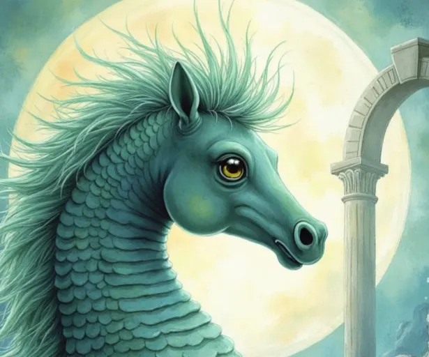 Hippokamp als Fabelwesen mit dem Kopf eines Pferdes und einem Körper aus türkisfarbenen Schuppen vor einem leuchtenden Vollmond