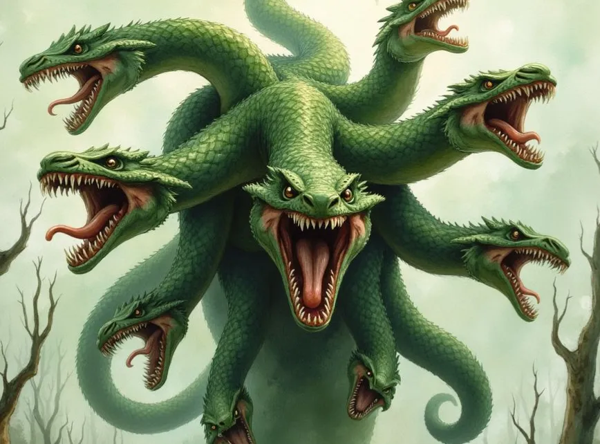Hydra als grüne, schlangenartige Bestie mit zahlreichen Köpfen, die in einer kargen Landschaft ihre Mäuler mit spitzen Zähnen aufreißen
