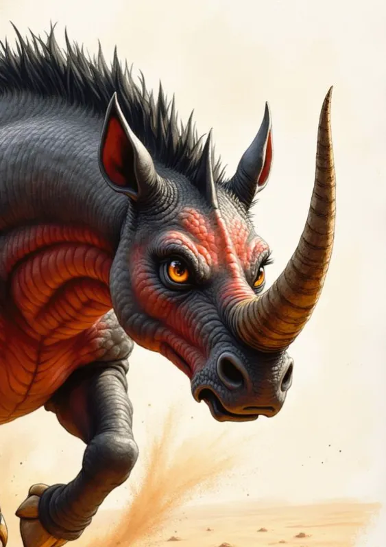Karkadann als wildes, nashornähnliches Wesen mit dunkler Haut, roten Zeichnungen im Gesicht und einem langen, gebogenen Horn auf der Nase