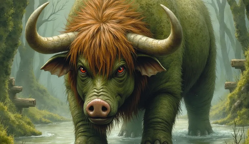 Katoblepas als stierähnliches Ungeheuer mit grünem Fell, roter Mähne und glühenden Augen, das in einem nebligen Sumpf steht