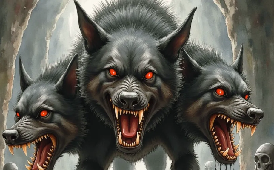 Kerberos, der dreiköpfige, schwarze Höllenhund mit glühenden roten Augen, der bedrohlich seine Reißzähne fletscht