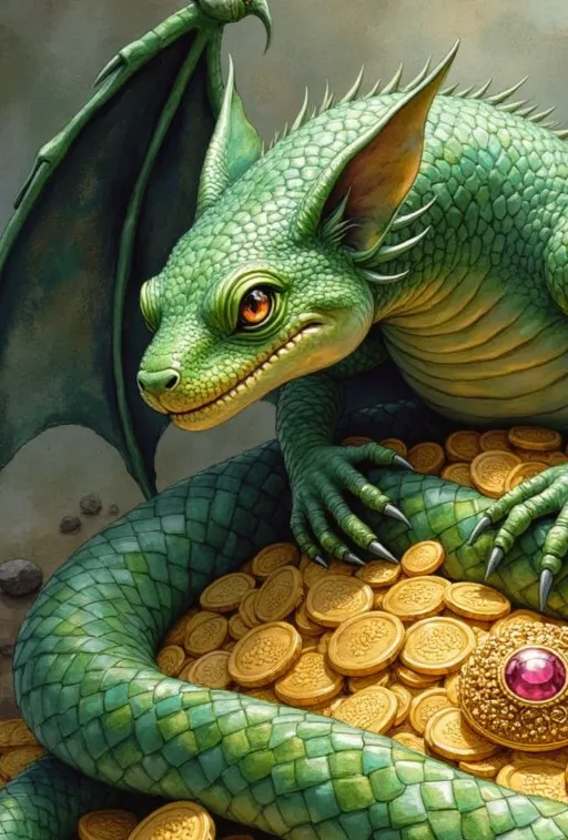 Lindwurm als grüner, schlangenartiger Drache mit Flügeln und großen Ohren, der seinen Goldschatz bewacht