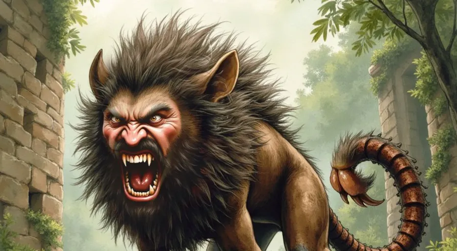 Mantikor als Bestie mit dem Körper eines Löwen, einem bedrohlichen Menschengesicht und einem Skorpionschwanz, der in Ruinen brüllt