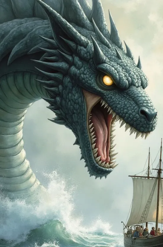 Midgardschlange Jörmungandr als riesiges Seeungeheuer, das mit aufgerissenem Maul und glühenden Augen über einem kleinen Wikingerschiff aus dem Meer aufragt
