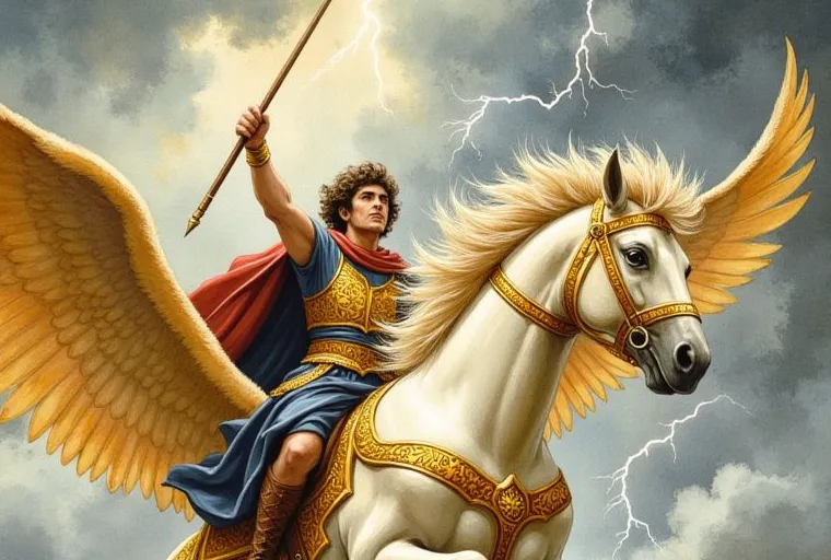 Pegasus als weißes, geflügeltes Pferd, das mit goldenen Flügeln durch einen Gewitterhimmel fliegt, geritten von einem Helden mit einem Speer