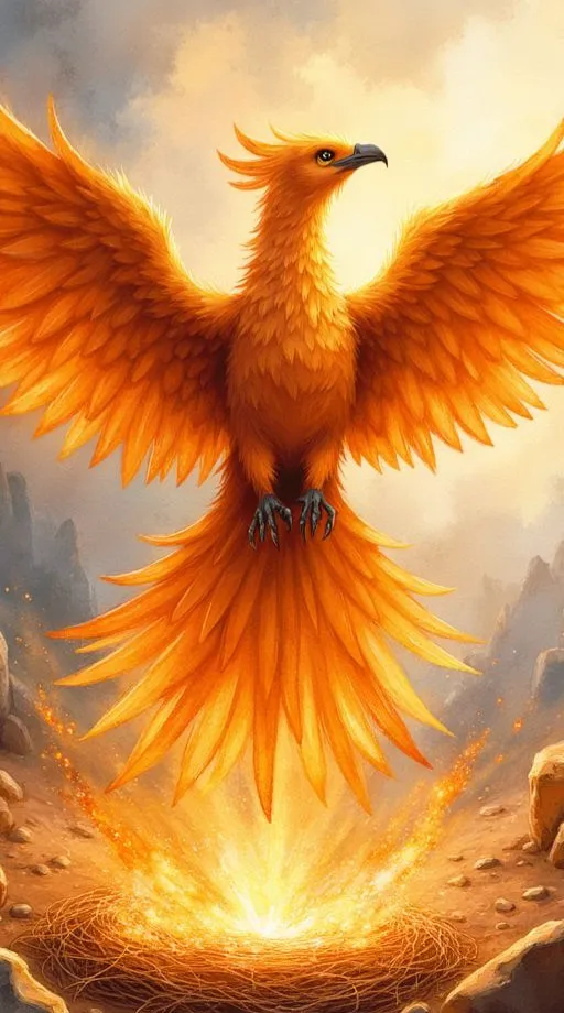 Phönix als majestätischer Feuervogel, der mit leuchtend orangen Flügeln aus seinem brennenden Nest emporsteigt